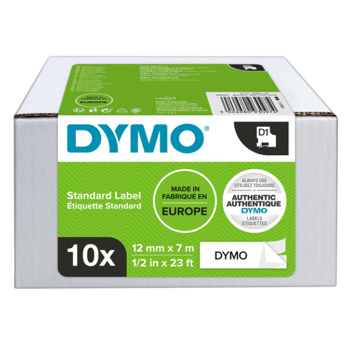 Labeltape Dymo LabelManager D1 polyester 12mm zwart op wit 10 stuks