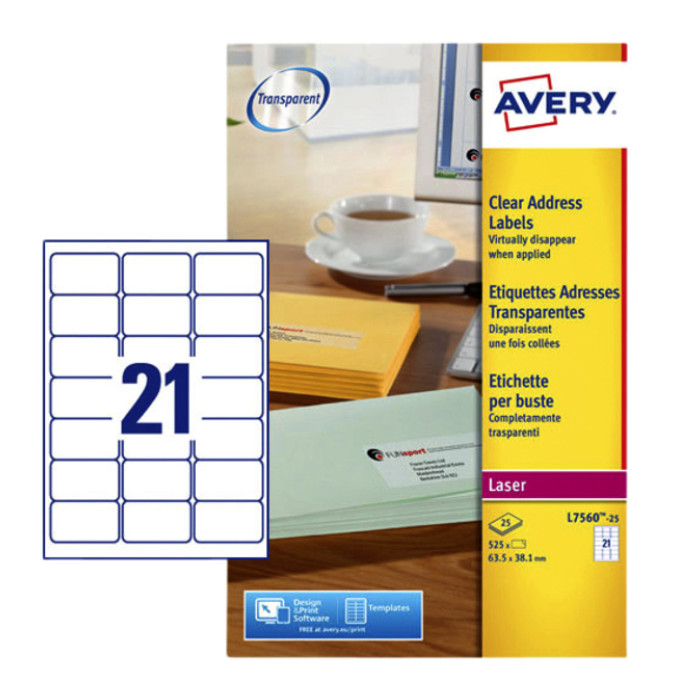Etiket Avery L7560-25 63.5x38.1mm transparant 525 stuks