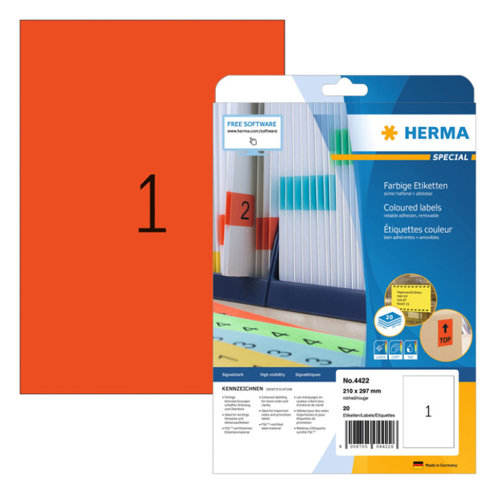 Etiket HERMA 4422 210x297mm A4 verwijderbaar rood 20 stuks