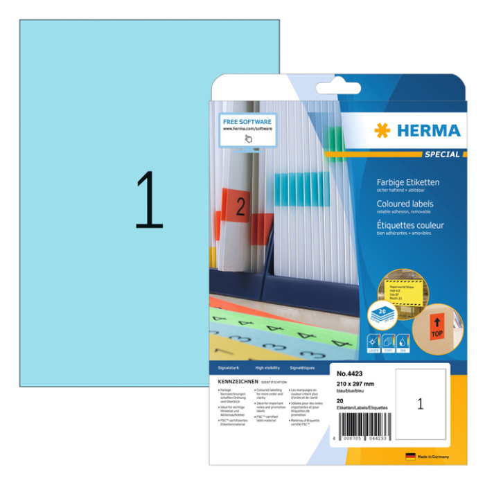 Etiket HERMA 4423 210x297mm A4 verwijderbaar blauw 20 stuks