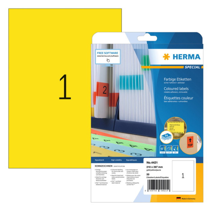 Etiket HERMA 4421 210x297mm A4 verwijderbaar geel 20 stuks