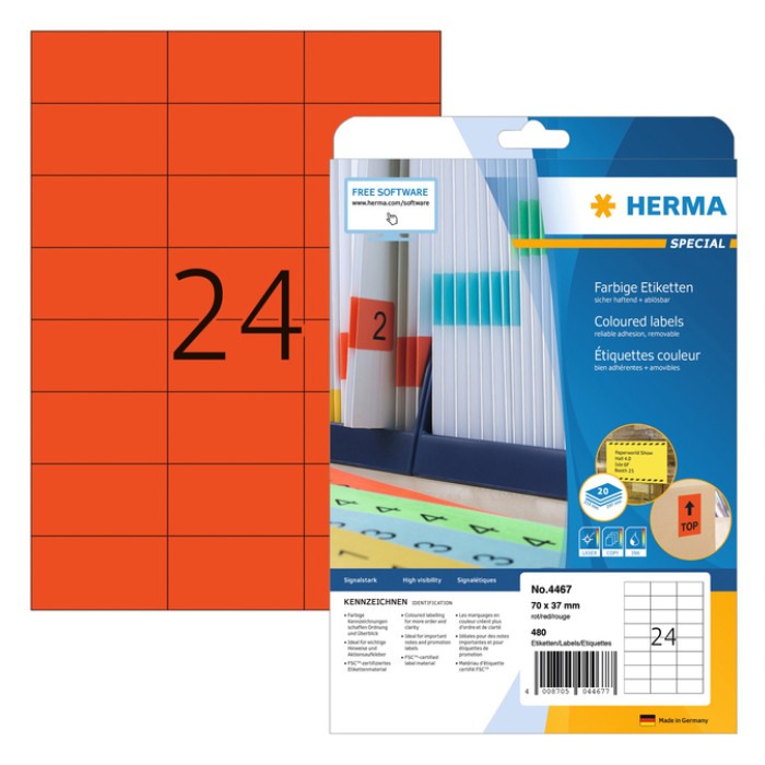 Etiket HERMA 4467 70x37mm verwijderbaar rood 480 stuks