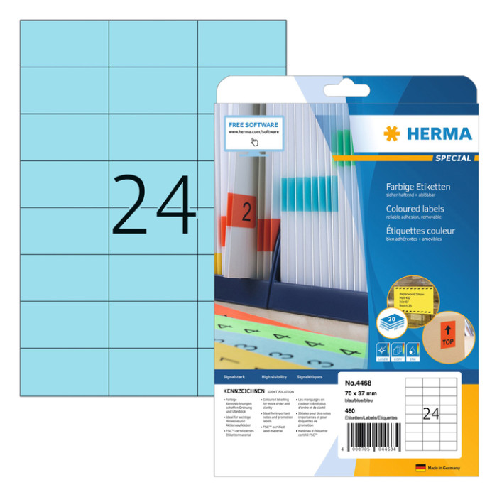 Etiket HERMA 4468 70x37mm verwijderbaar blauw 480 stuks