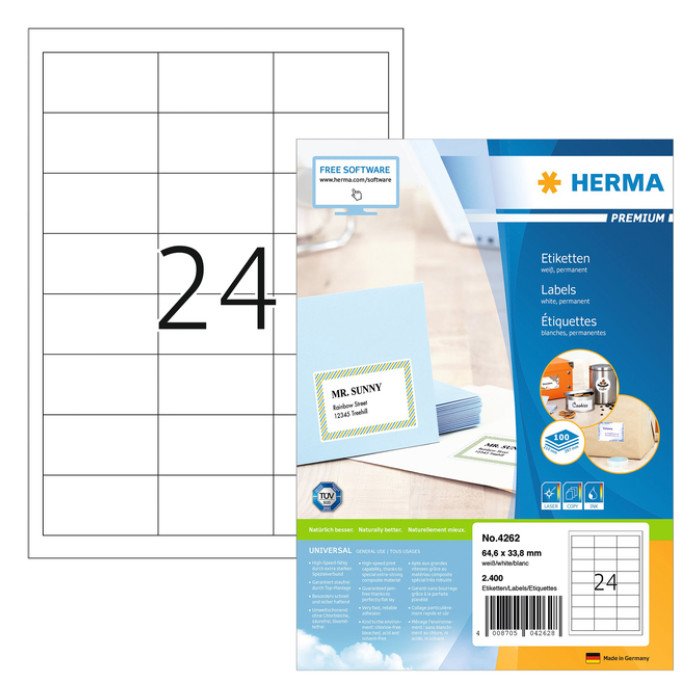 Etiket HERMA 4262 64.6x33.8mm premium wit 2400 stuks