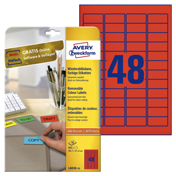 Etiket Avery L6038-20 45.7x21.2mm rood 960 stuks
