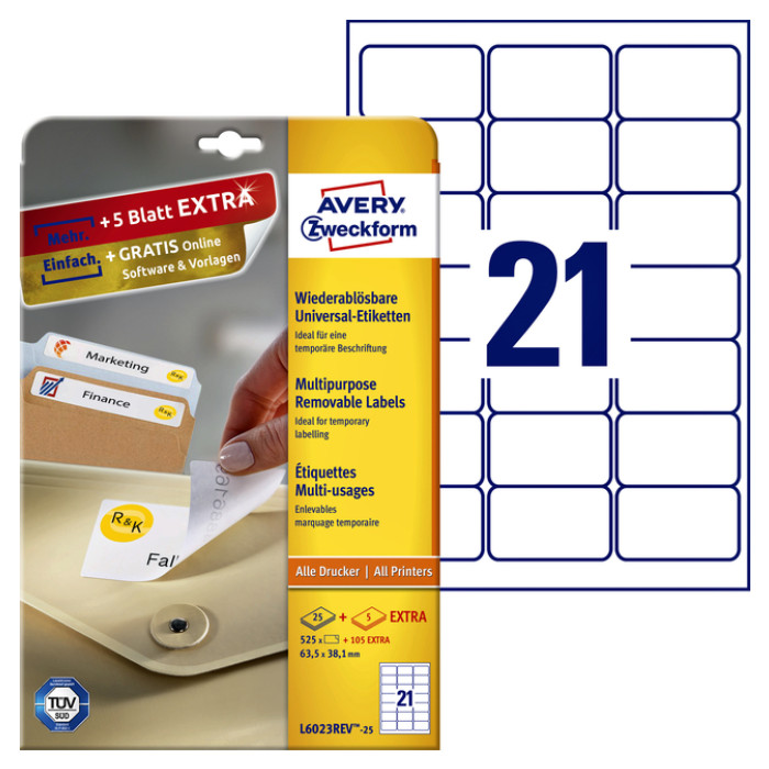 Etiket Avery L6023REV-25 63.5x38.1mm afneembaar wit 525 stuks