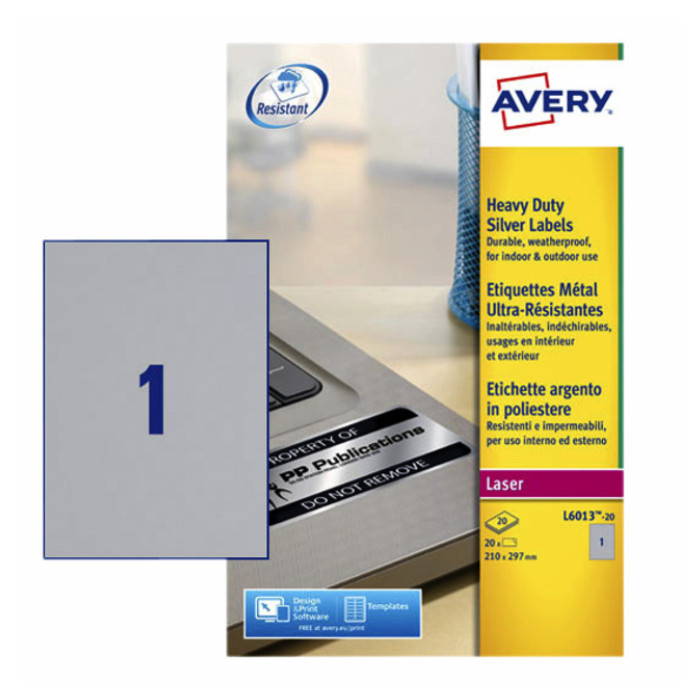 Etiket Avery L6013-20 210x297mm zilver 20 stuks