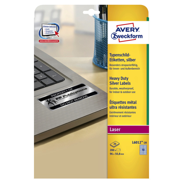 Etiket Avery L6012-20 96x50.8mm zilver 200 stuks