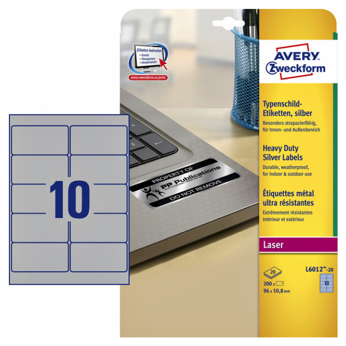 Etiket Avery L6012-20 96x50.8mm zilver 200 stuks
