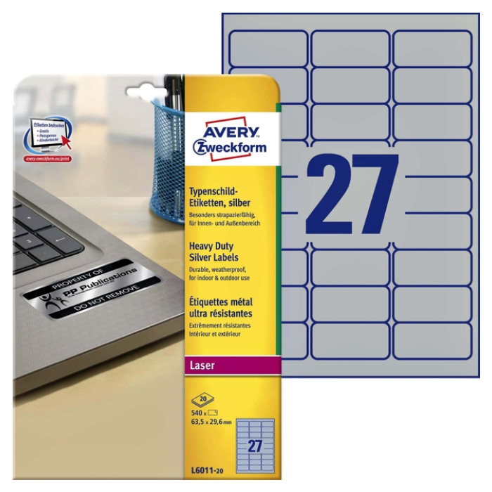 Etiket Avery L6011-20 63.5x29.6mm zilver 540 stuks