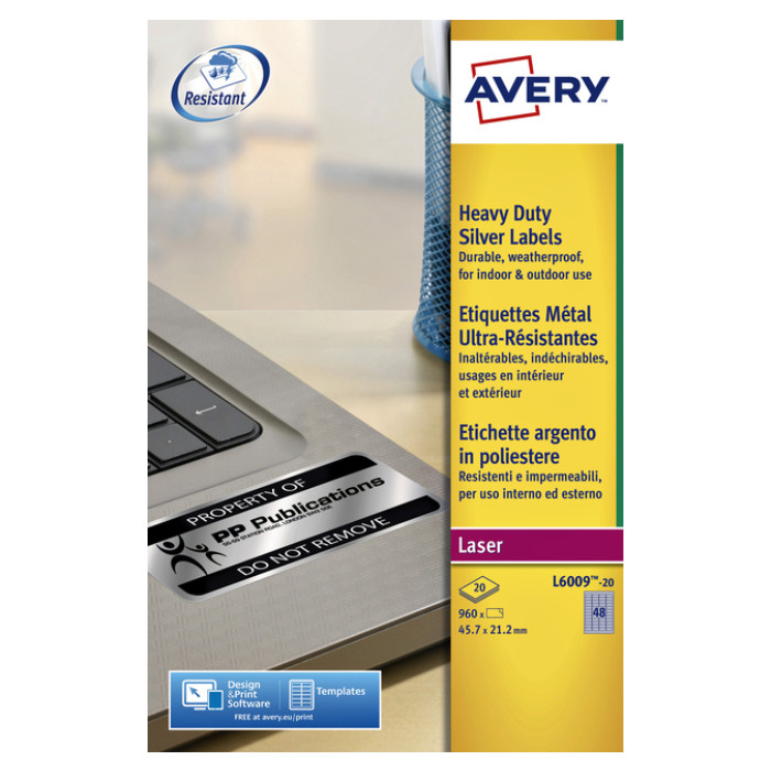 Etiket Avery L6009-20 45.7x21.2mm zilver 960 stuks