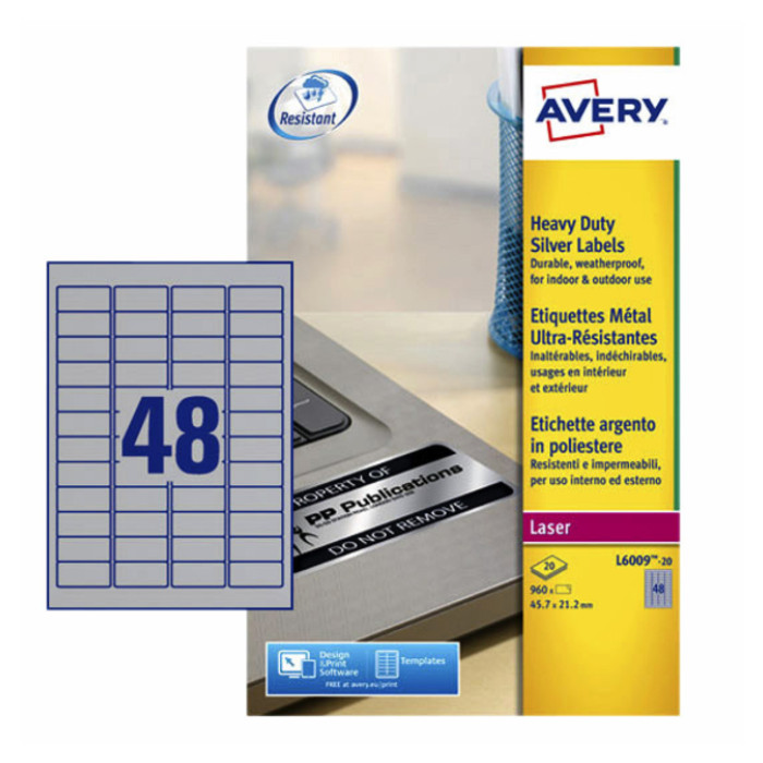 Etiket Avery L6009-20 45.7x21.2mm zilver 960 stuks