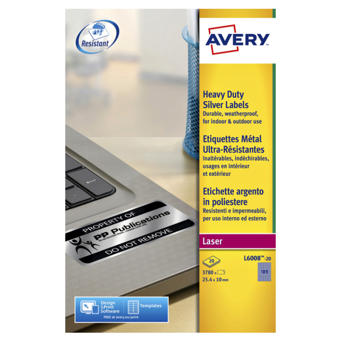 Etiket Avery L6008-20 25.4x10mm zilver 3780 stuks