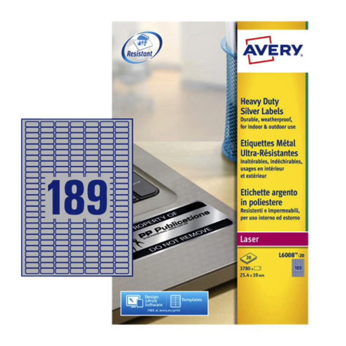 Etiket Avery L6008-20 25.4x10mm zilver 3780 stuks