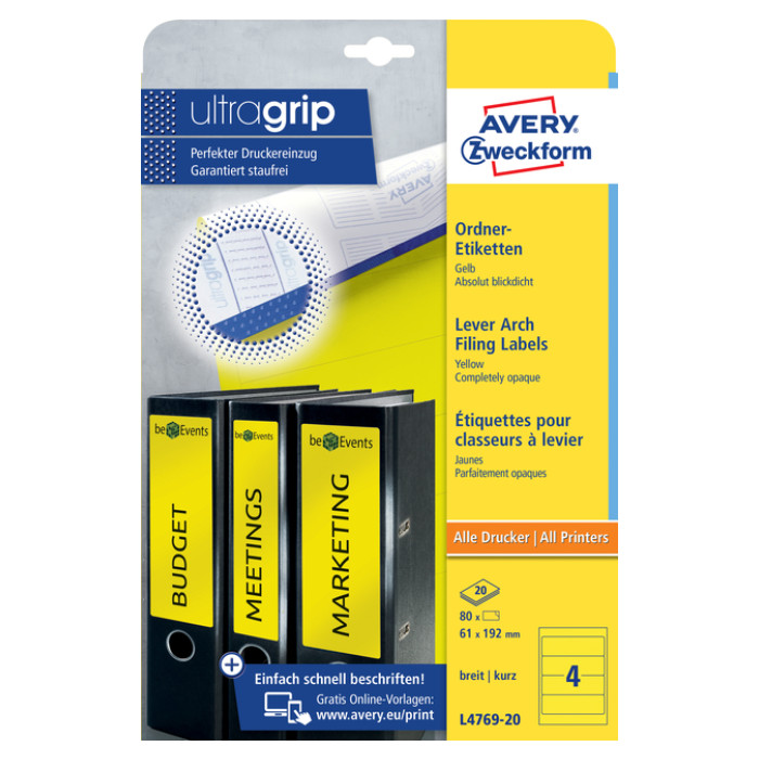 Rugetiket Avery breed 61x192mm zelfklevend geel 20 vel