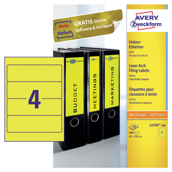 Rugetiket Avery breed 61x192mm zelfklevend geel 100 vel