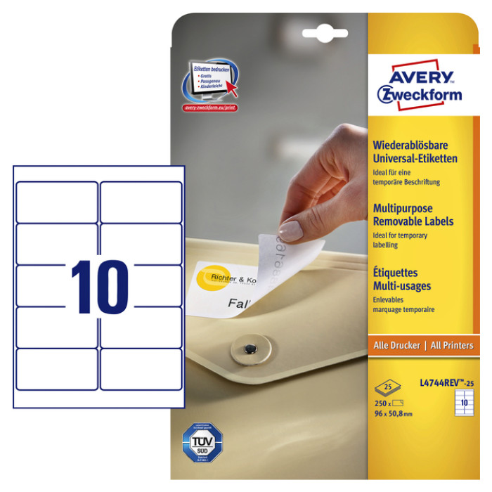 Etiket Avery L4744REV-25 96x50.8mm afneembaar wit 250 stuks