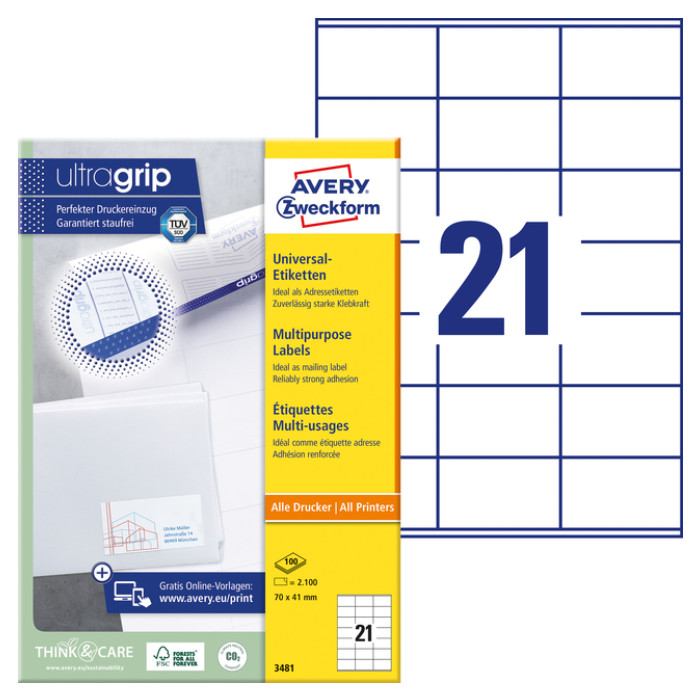 Etiket Avery 3481 70x41mm wit 2100 stuks