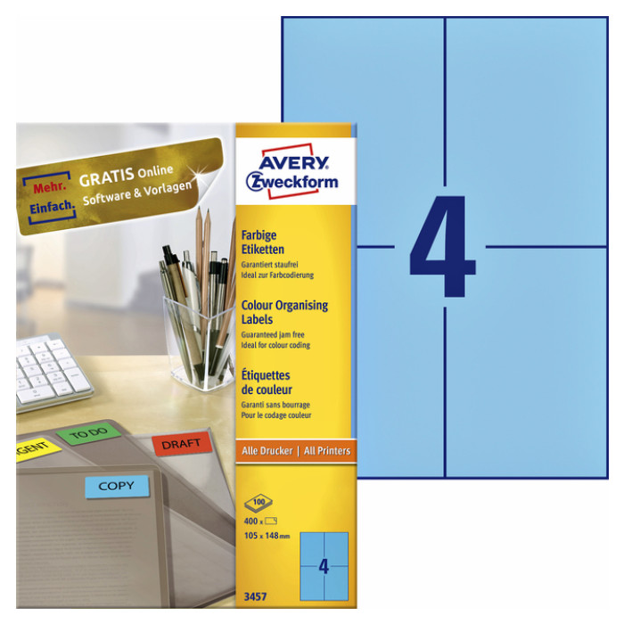 Etiket Avery 3457 105x148mm A6 blauw 400 stuks