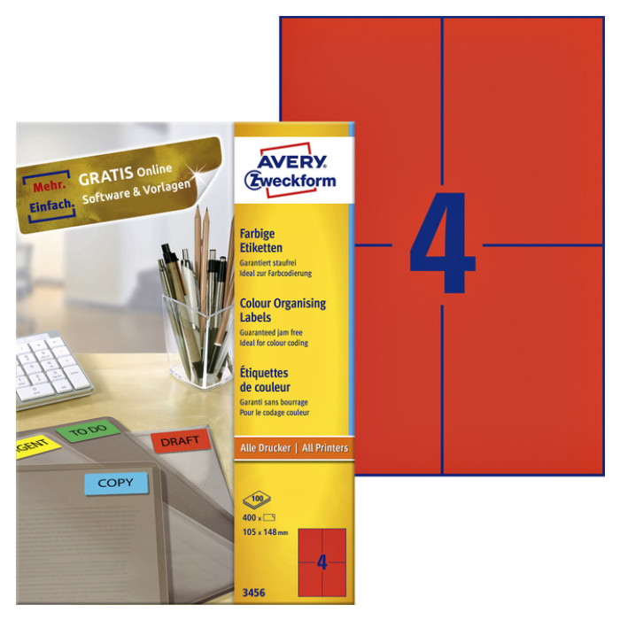 Etiket Avery 3456 105x148mm A6 rood 400 stuks