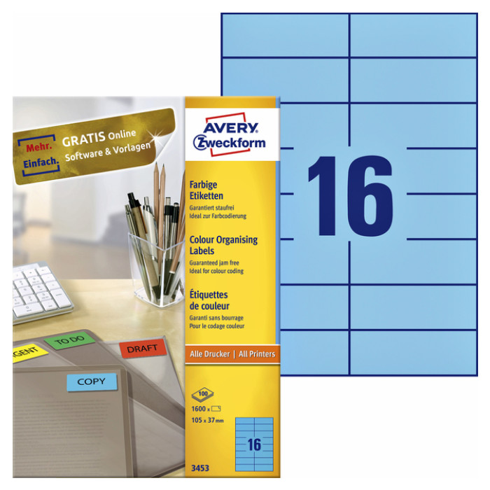 Etiket Avery 3453 105x37mm blauw 1600 stuks