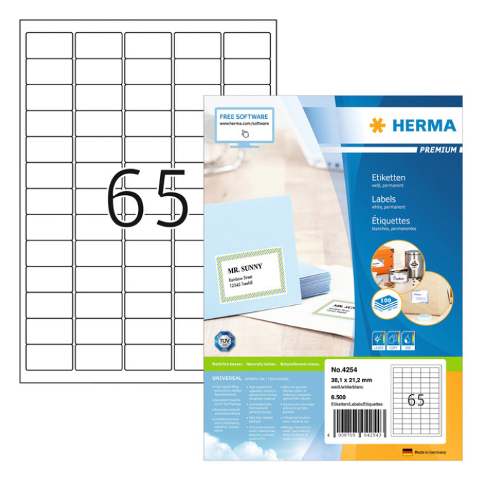 Etiket HERMA 4254 38.1x21.2mm premium wit 6500 stuks