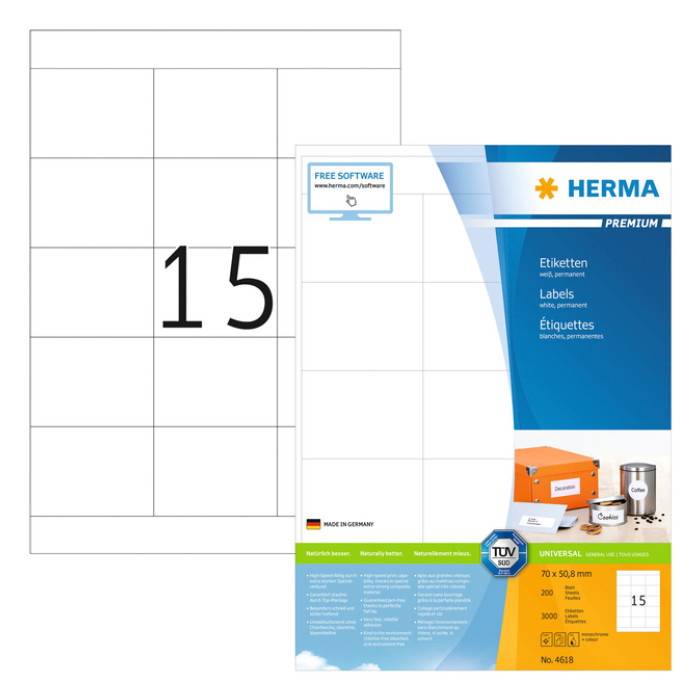 Etiket HERMA 4618 70x50,8mm premium wit 3000 stuks
