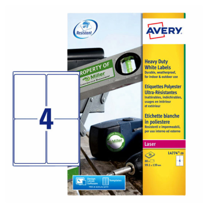 Etiket Avery L4774-20 99.1x139mm polyester wit 80 stuks