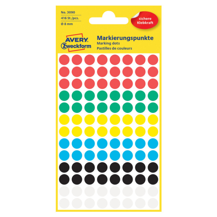Etiket Avery 3090 rond 8mm assorti 416 stuks