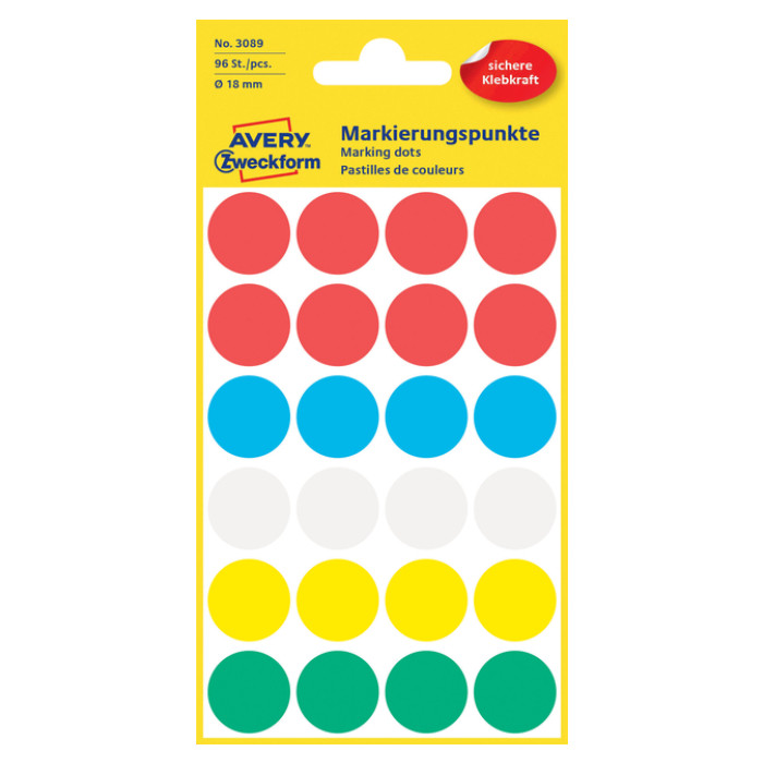 Etiket Avery 3089 rond 18mm assorti 96 stuks