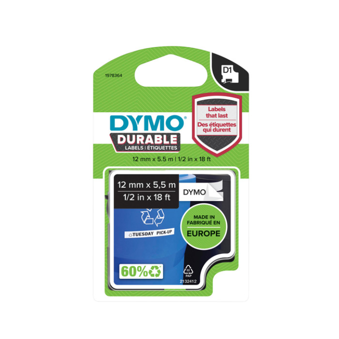 Labeltape Dymo LabelManager D1 polyester 12mm duurzaam zwart op wit