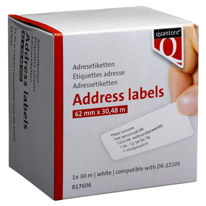 Labeletiket Quantore DK-22205 doorlopend 62mm 1 rol á 30m wit