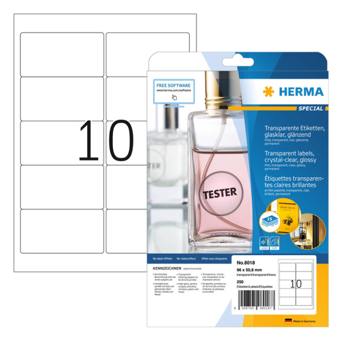 Etiket HERMA 8018 96x50.8mm transparant 250 stuks