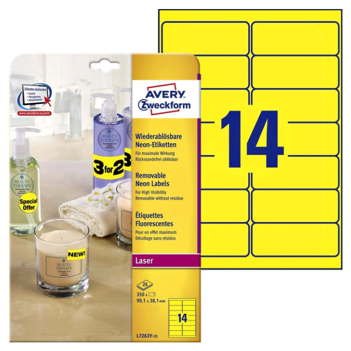 Etiket Avery L7263Y-100 99.1x38.1mm neon geel 1400 stuks