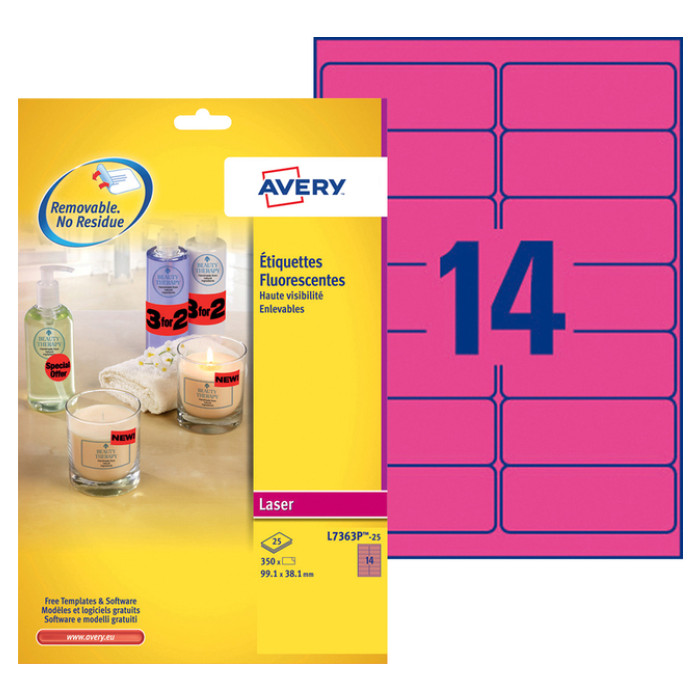 Etiket Avery L7363P-25 99.1x38.1mm neon roze 340 stuks