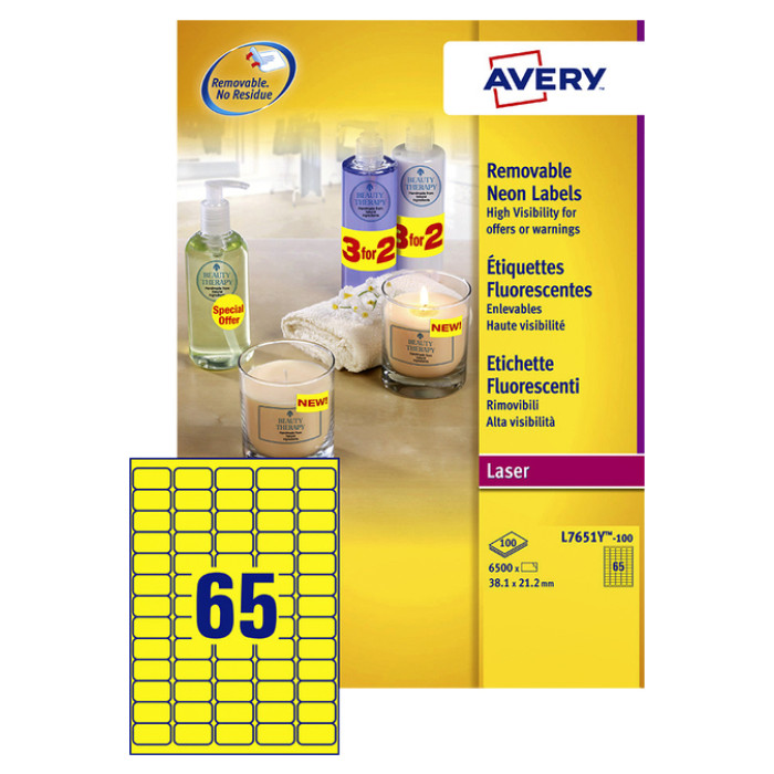 Etiket Avery L7651Y-100 38.1x21.2mm neon geel 6500 stuks