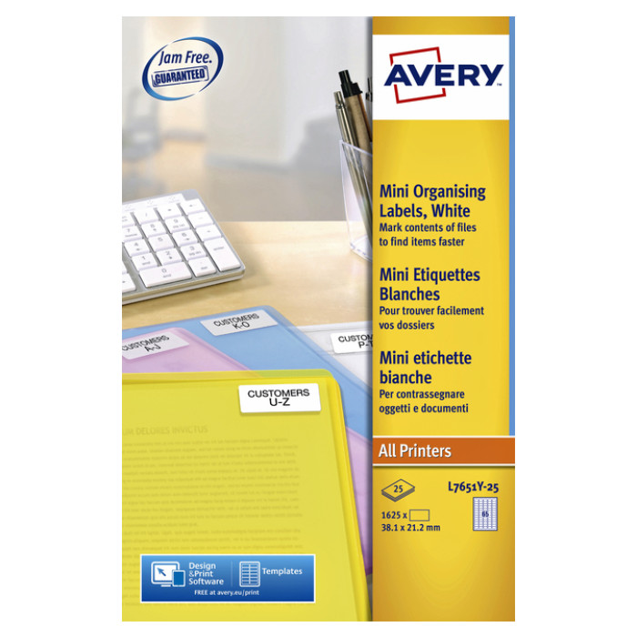 Etiket Avery L7651Y-25 38.1x21.2mm neon geel 1625 stuks