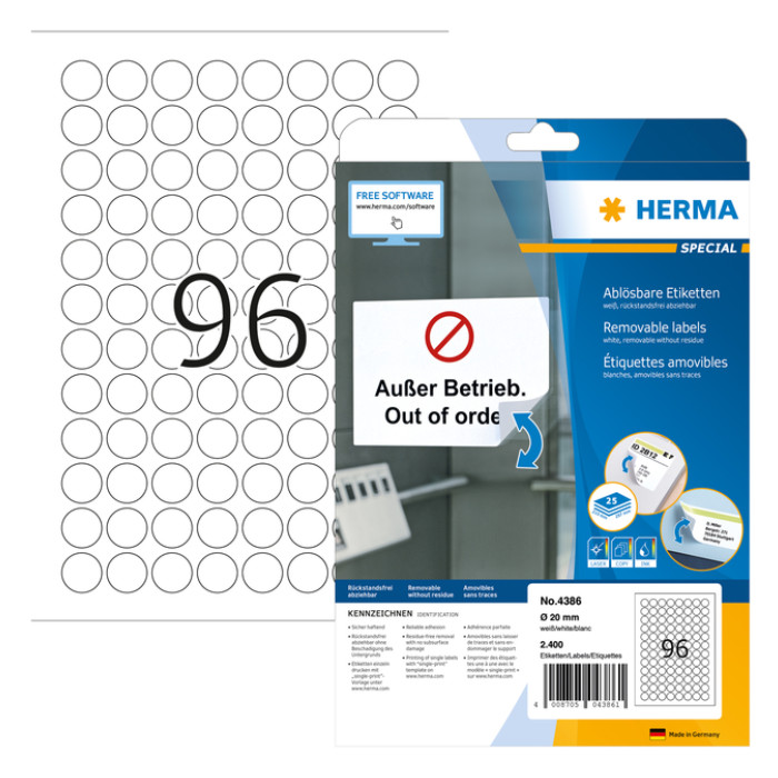 Etiket HERMA 4386 20mm verwijderbaar wit 2400 stuks