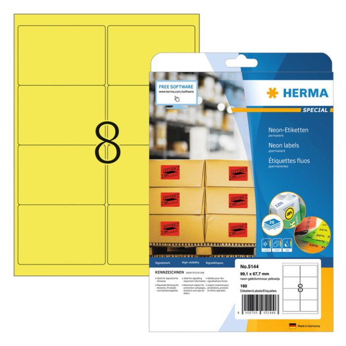 Etiket HERMA 5144 99.1x67.7mm neongeel 160 stuks