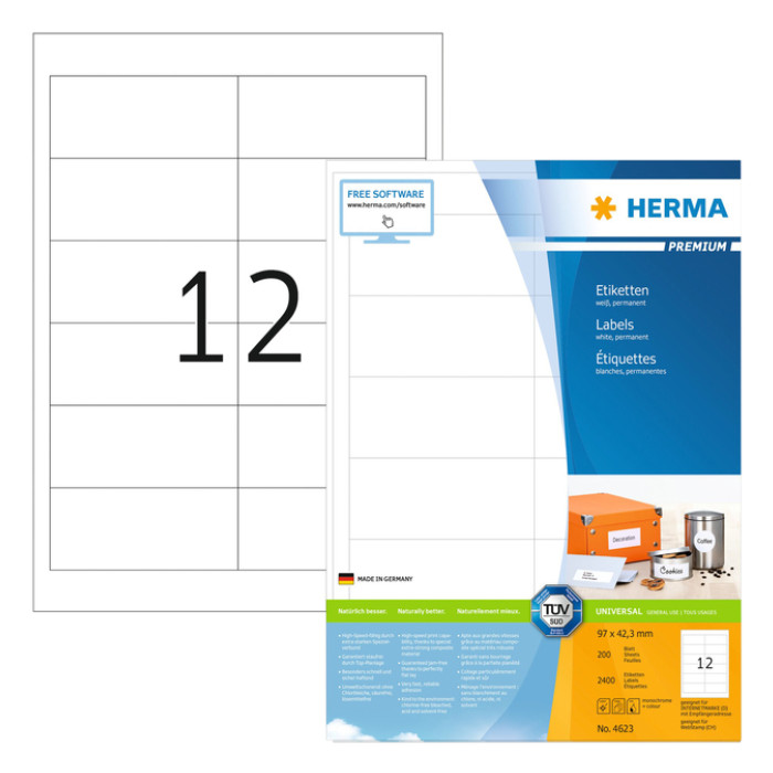 Etiket HERMA 4623 96.5x42.3mm premium wit 2400 stuks