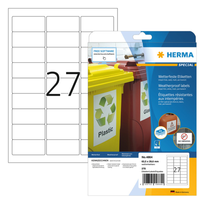 Etiket HERMA 4864 63.5x29.6mm weerbestendig wit 270 stuks