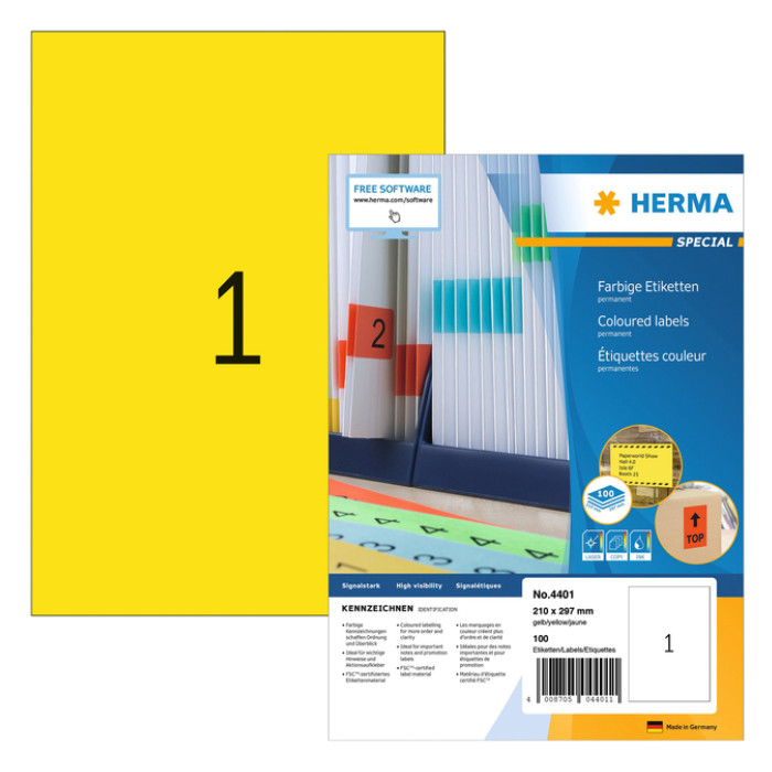 Etiket HERMA 4401 210x297mm A4 geel 100 stuks