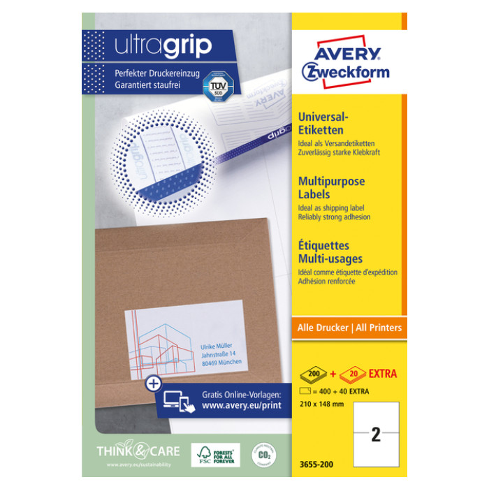 Etiket Avery 3655-200 210x148mm A5 wit 400 stuks