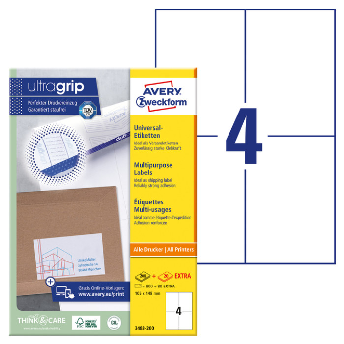 Etiket Avery 3483-200 105x148mm A6 wit 800 stuks