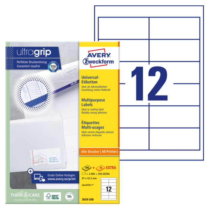 Etiket Avery 3659-200 97x42.3mm wit 2400 stuks