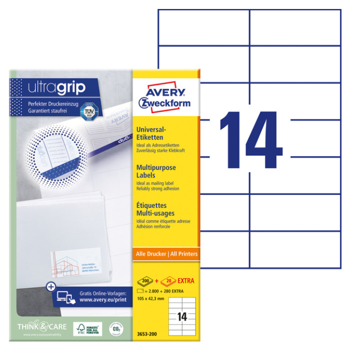 Etiket Avery 3653-200 105x42.3mm wit 2800 stuks