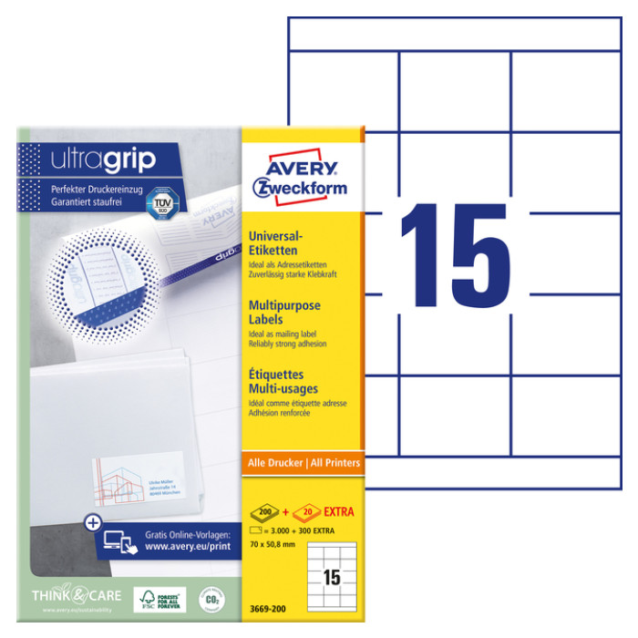 Etiket Avery 3669-200 70x50.8mm wit 3000 stuks