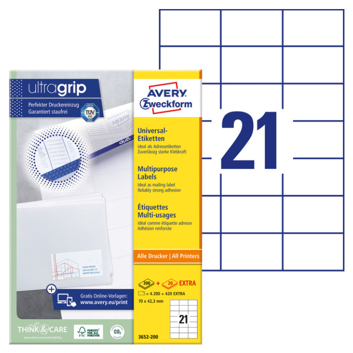 Etiket Avery 3652-200 70x42.3mm wit 4200 stuks