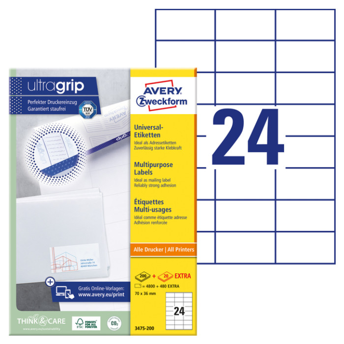 Etiket Avery 3475-200 70x36mm wit 4800 stuks