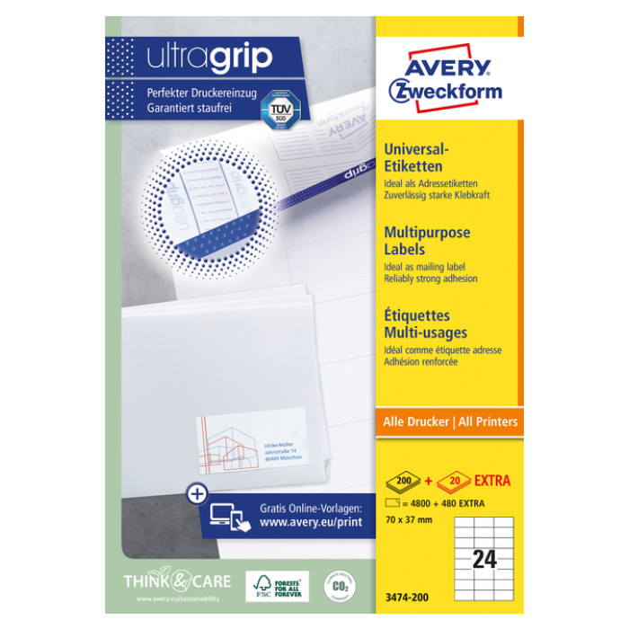 Etiket Avery 3474-200 70x37mm wit 4800 stuks